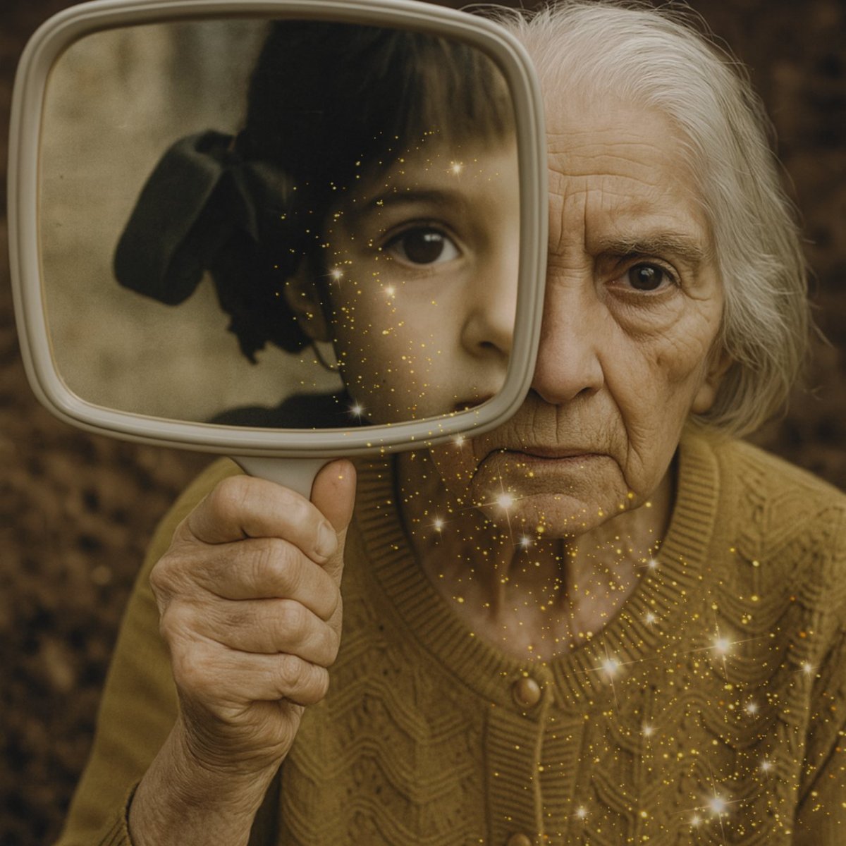Une grand-mère tient un miroir où se reflète l'enfant qu'elle était